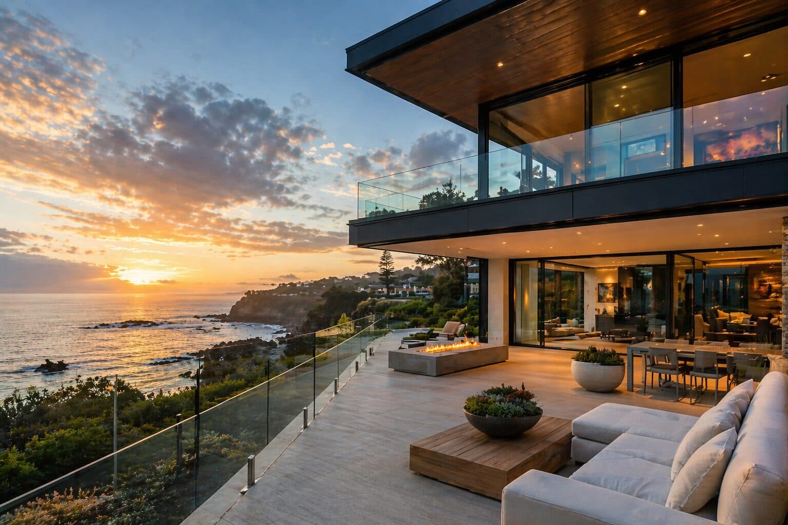 Luxury coastal villa with infinity pool at sunset